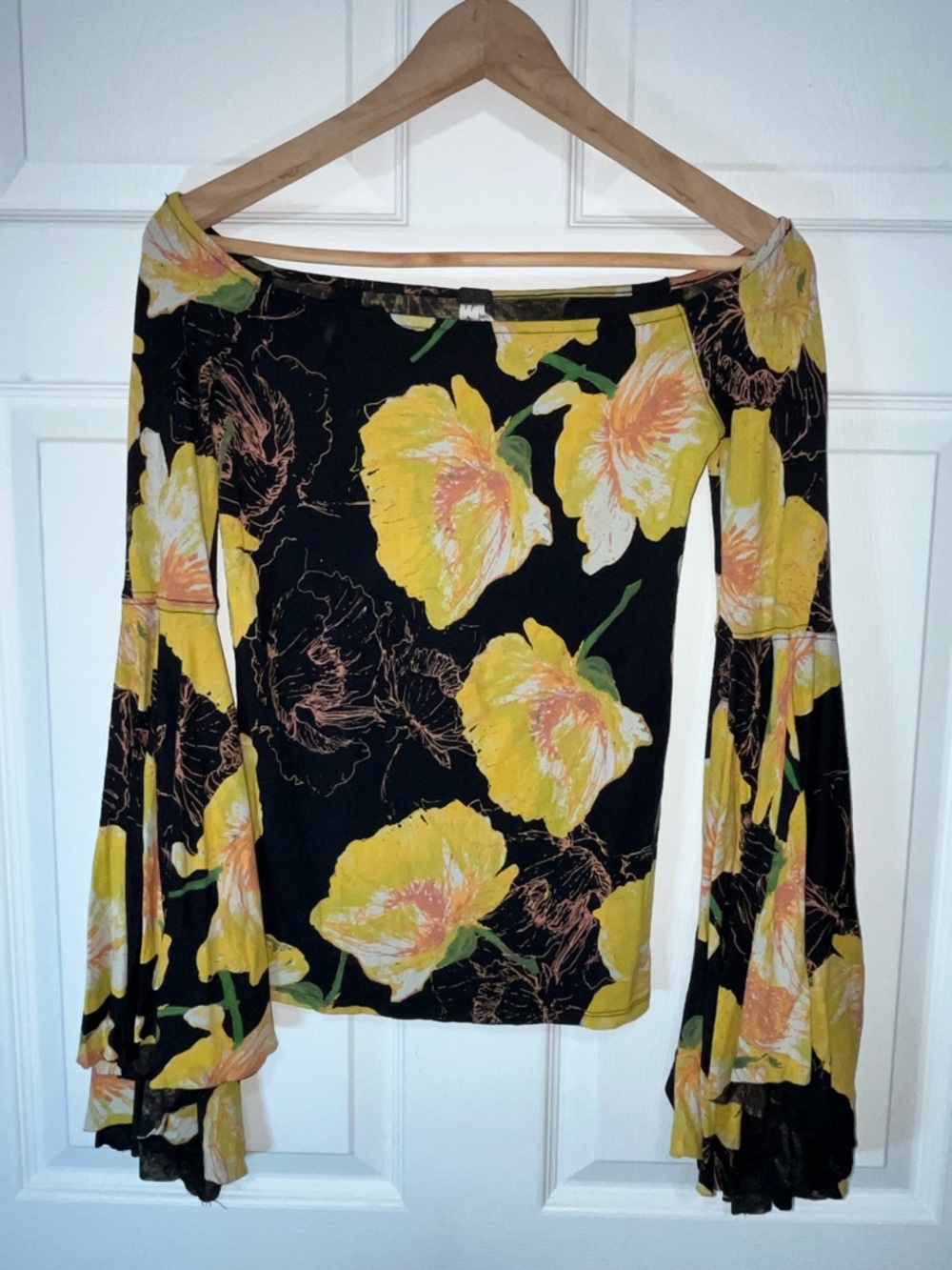 We The Free Black Off-Shoulder Top with Yellow Floral Print
